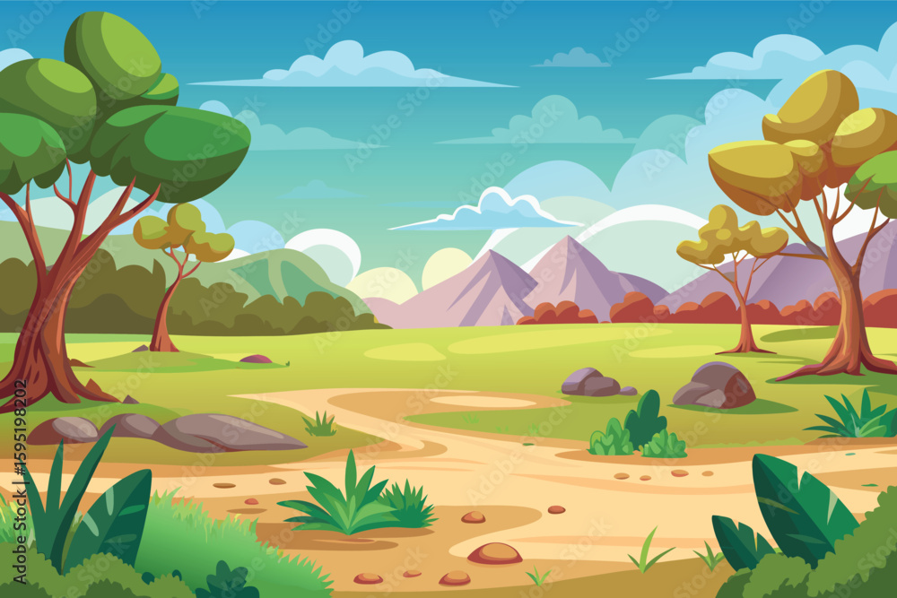 Naklejka premium Vibrant cartoon landscape with winding path and rolling hills
