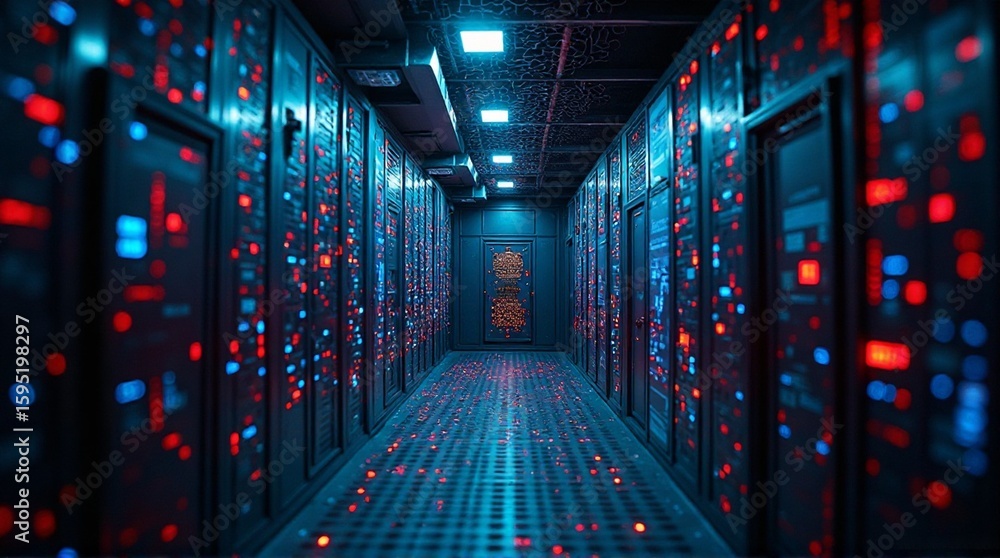 Fototapeta premium A long, dark corridor filled with servers and blinking lights.
