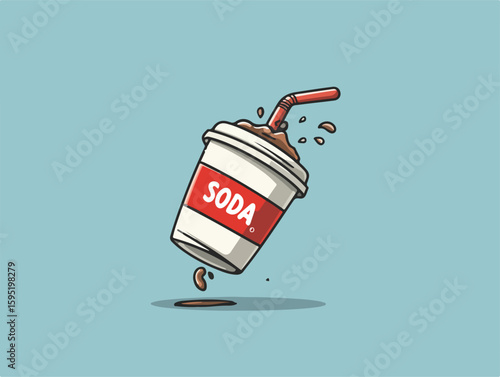 Editable cartoon vector of floating soda cup with splash. Fizzy drink spilling out, symbolizing unhealthy fast food beverage. Fun, dynamic, and eye-catching design.
