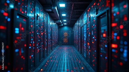 A long, dark corridor filled with servers and blinking lights.