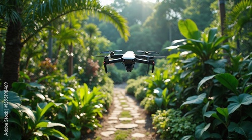 Drone flying over a lush green path in a tropical garden.