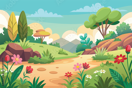 Vibrant spring meadow path with blooming flowers and rolling hills
