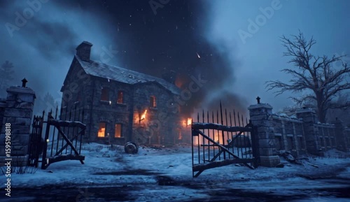 War-Torn House on Fire Cinematic Battlefield Scene in Snow