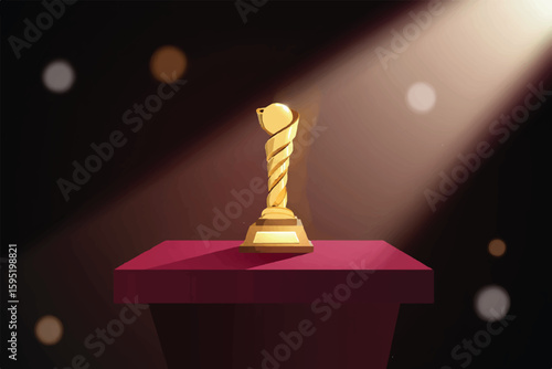 Glowing Gold Trophy on Velvet Podium with Dramatic Spotlight and Subtle Bokeh