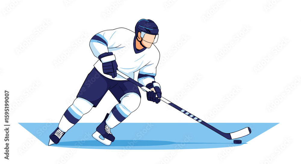 Obraz premium An energetic ice hockey player in full gear skates across the rink, skillfully maneuvering the puck with his stick in a dynamic illustration.