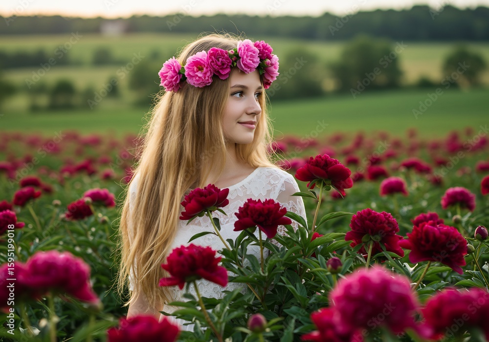Fototapeta premium 輝く牡丹畑 笑顔の少女 優しく揺れるロングヘア
