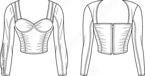 Sweetheart neckline corset top illustration, ruched detailing, balloon sleeves, fashionable women’s clothing sketch, apparel template, front and back view