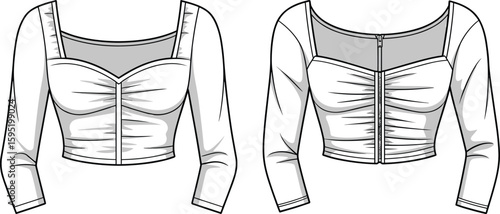 Sweetheart neckline ruched crop top sketch, long balloon sleeves, front and back view, stylish apparel design, fashion drawing, garment illustration