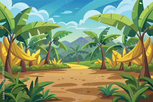 Lush tropical jungle path with banana trees and mountains