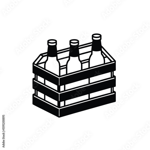 Crate with Bottles Outline – Minimalist Black and White Line Art Vector Illustration