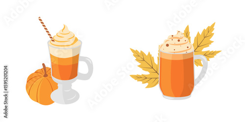 Fall flat vector collection with glasses of pumpkin latte, autumn leaves, waffle cone, pumpkin. Autumn hand drawn illustration for posters and digital content