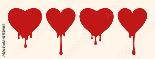 Set of red melted, flowed hearts with drips and drops in flat style isolated on white background of different shapes. Heart drizzled with liquid delicious chocolate syrup. Vector EPS10