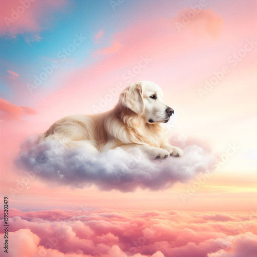 dog in the sky, dog in the clouds, dog and clouds, golden retriever puppy in the sky, golden retriever dog