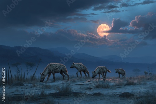 A hyena pack scavenging at night