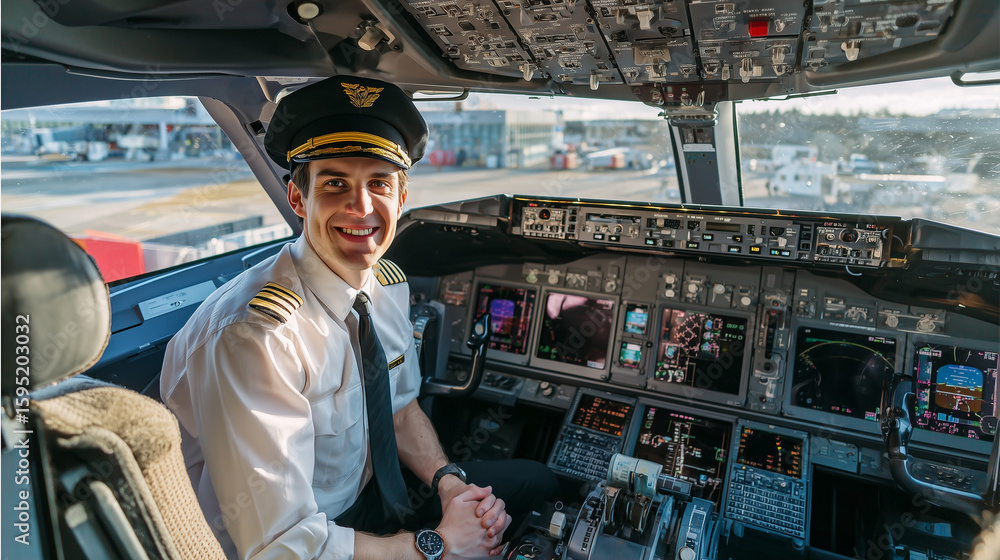 Obraz premium A confident pilot sitting in the airplane cockpit, surrounded by control panels and instruments, ready for takeoff. Professional aviation moment in natural light.