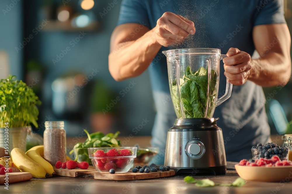 Person blending superfood smoothies for breakfast Person blending superfood smoothies for breakfast