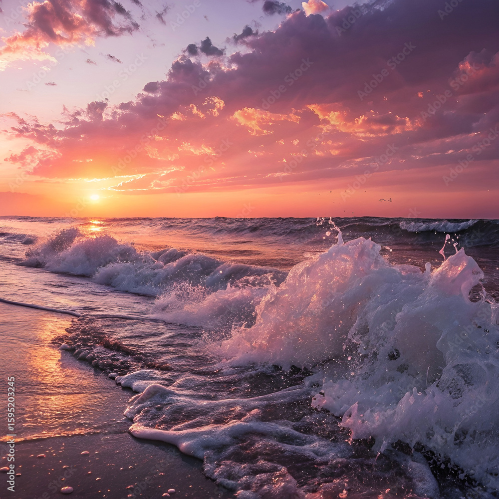 Naklejka premium Golden waves gently crash along the shore at sunset.