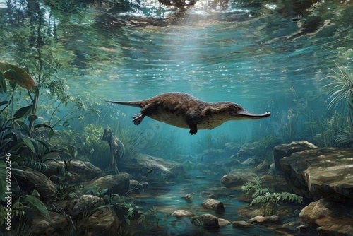 A platypus swimming in an Australian freshwater stream