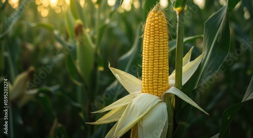 Close-up corn cobs in corn plantation field