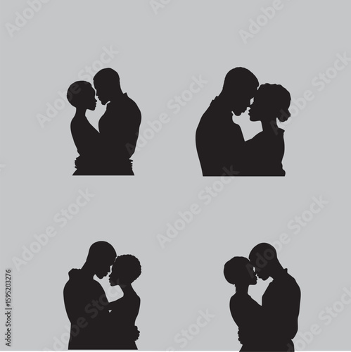 Romantic Silhouette of African American Couple Embracing – Intimate Profile Vector Illustration