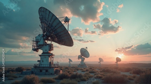 Array of satellite dishes in a desert landscape under a cloudy sky at sunset.