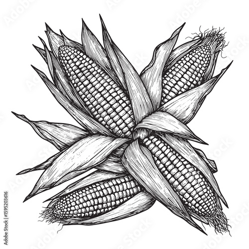 Detailed hand drawn illustration of fresh corn cobs with husks in a black and white composition