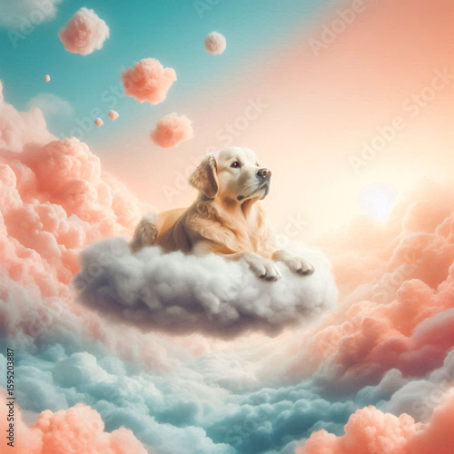 dog in the sky, dog in the clouds, dog and clouds, golden retriever puppy in the sky, golden retriever dog
