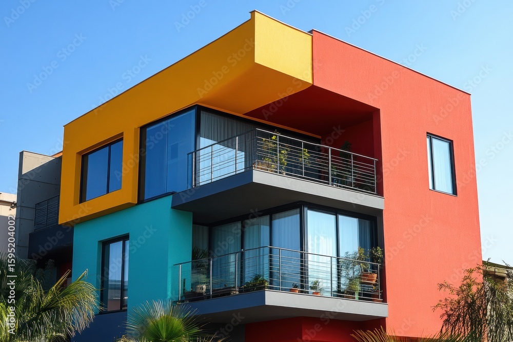 Fototapeta premium Vibrant Stucco Minimalist Home with Wrought Iron Balconies.