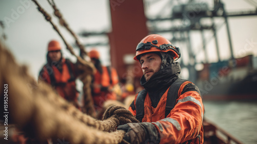 Port mooring crew securing ship with ropes during docking operation. Maritime workers in uniform managing heavy lines in port environment, teamwork and safety in action.