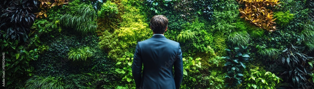 Executive giving speech with vertical garden wall Executive giving speech with vertical garden wall