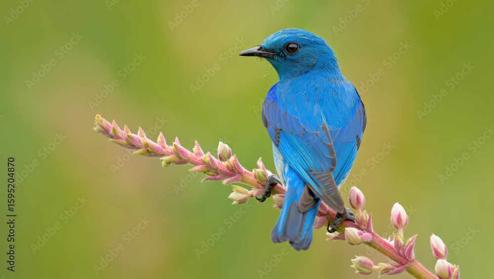 Azure Jewel A Verditer Flycatcher Perched on a Budding Branch Showcasing its Vibrant Plumage Against a Soft Green Backdrop in a Serene Natural Setting Azure Jewel A Verditer Flycatcher Perched on a Budding Branch Showcasing its Vibrant Plumage Against a Soft Green Backdrop in a Serene Natural Setting