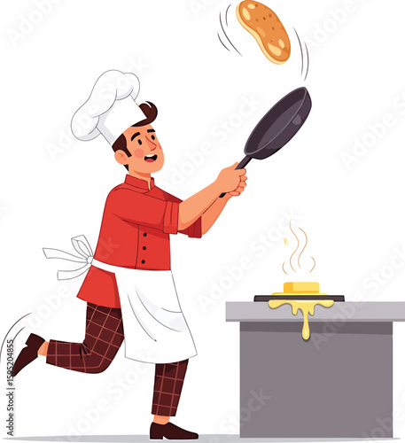 Cartoon chef tossing a pancake in a pan with melting butter on a stove, wearing a hat, apron, and red uniform.