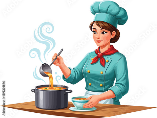A female chef in uniform ladles soup into a bowl, steaming hot.