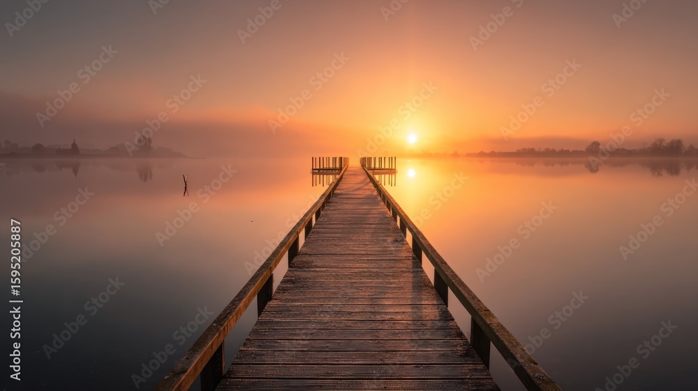 Fototapeta premium Wooden dock pier on still lake at sunrise