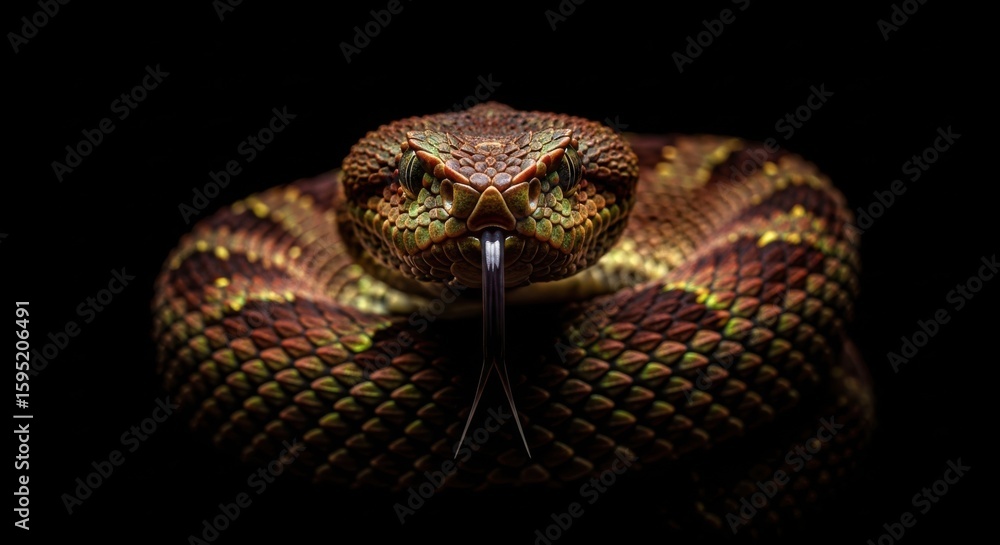 Obraz premium Close Up Front View of a Rattlesnake Showing Its Yellow Eyes and Forked Tongue