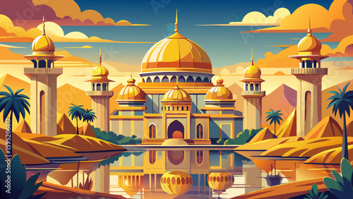 Bandar Seri Begawan, Brunei – Gold-domed mosques reflect in quiet rivers. A luxurious and peaceful capital ideal for elegant, golden-hued vector composition.