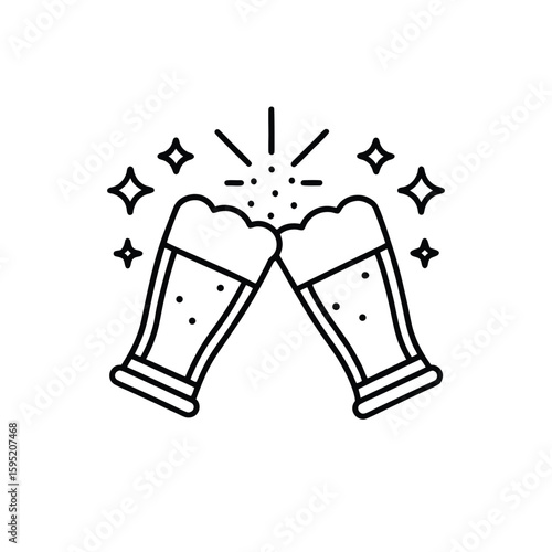 Clinking Beer Glasses with Sparkles – Minimalist Black and White Cheers Icon Vector