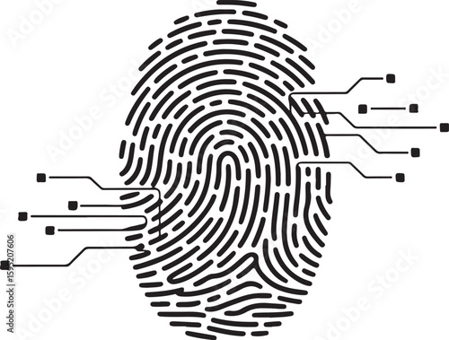 Black fingerprint with digital circuit lines on white background thumbprint identity