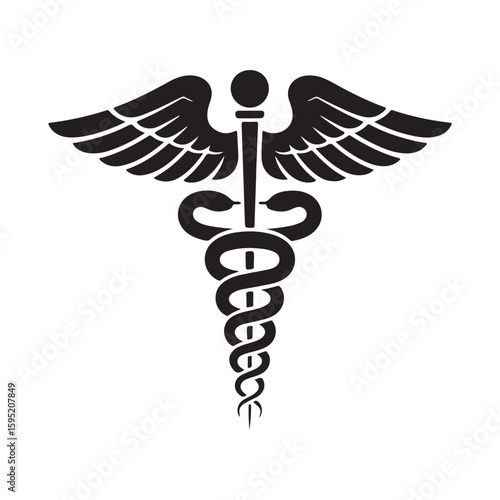 Caduceus medical symbol with winged snakes on a white background, an iconic emblem of health and pharmacy