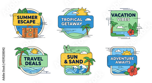 A collection of vibrant vector travel badges featuring summery themes like tropical getaways, adventure, and beach vacations, perfect for tourism marketing and branding materials.