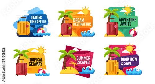 Collection of vibrant travel banners promoting summer escapes, dream destinations, and limited time offers with tropical imagery and suitcases.