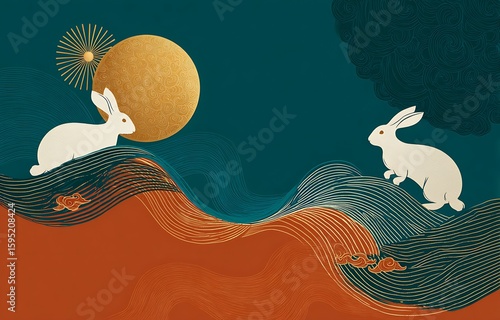 A minimalist graphic design of the Mid-Autumn Festival, featuring an elegant moon