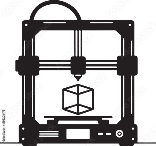 Black silhouette of a 3 D printer creating a cube 3D printer printing