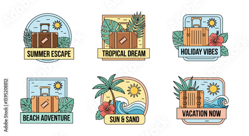 Six vibrant, stylized vector badges featuring suitcases, tropical elements, and text, ideal for summer travel promotions and vacation branding.