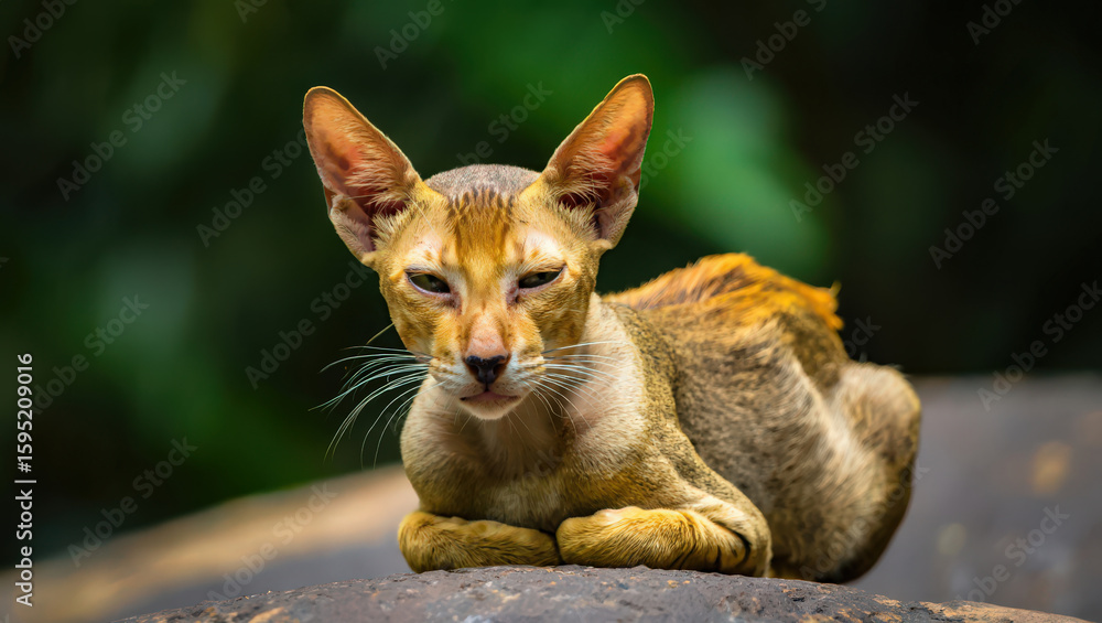 Fototapeta premium Captivating Oriental Cat Lounging on a Rock A Study in Feline Elegance and Exotic Charm Against a Blurred Green Background Outdoors