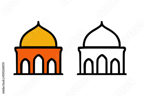Two stylized illustrations of a mosque, one colored orange and yellow, the other black and white, showcasing Islamic architecture.