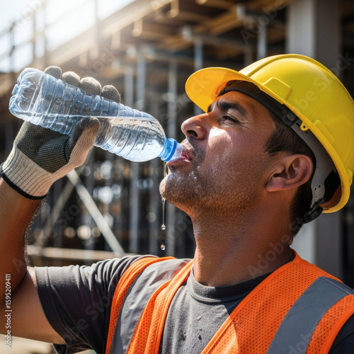 A hardworking construction worker finds a moment of relief while drinking water on a hot and sunny day at the job site.