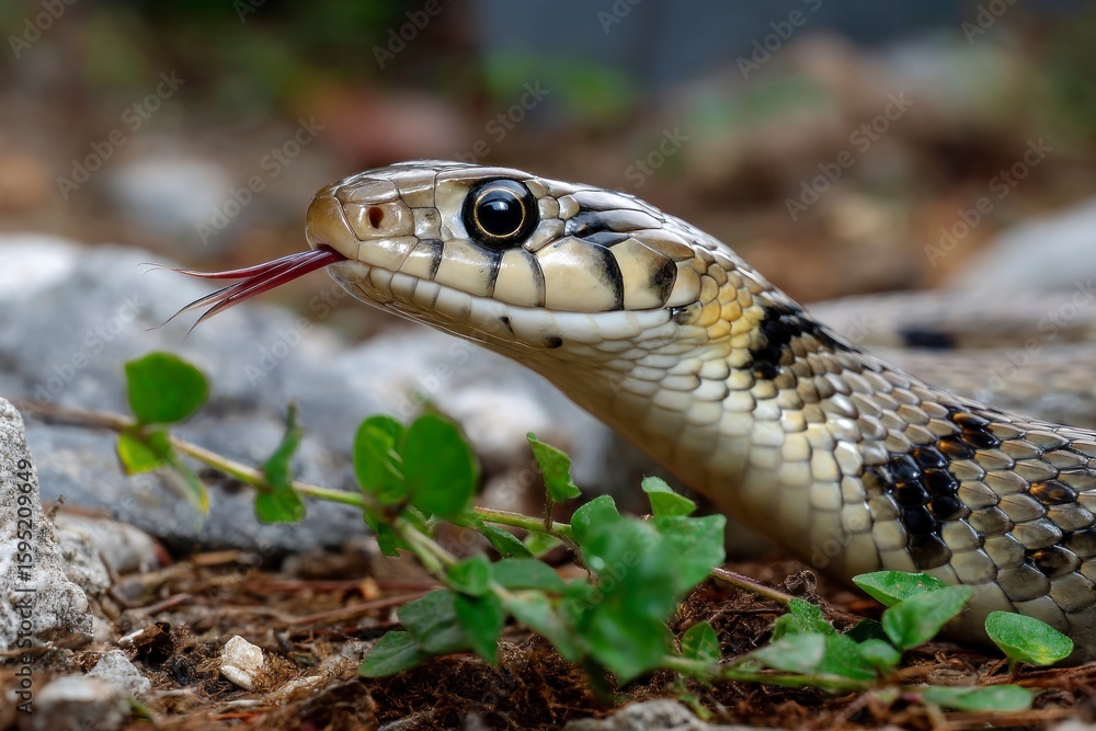 Fototapeta premium A snake with a patterned beige and black body and a forked red tongue emerges from a bed of green foliage