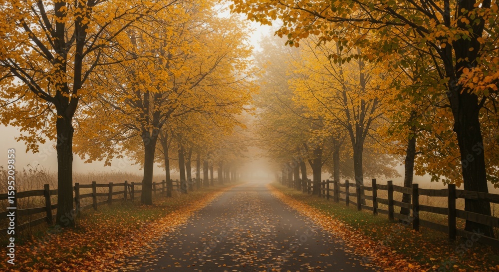 Naklejka premium Driving on a Foggy Road Lined with Autumn Trees and Leaves