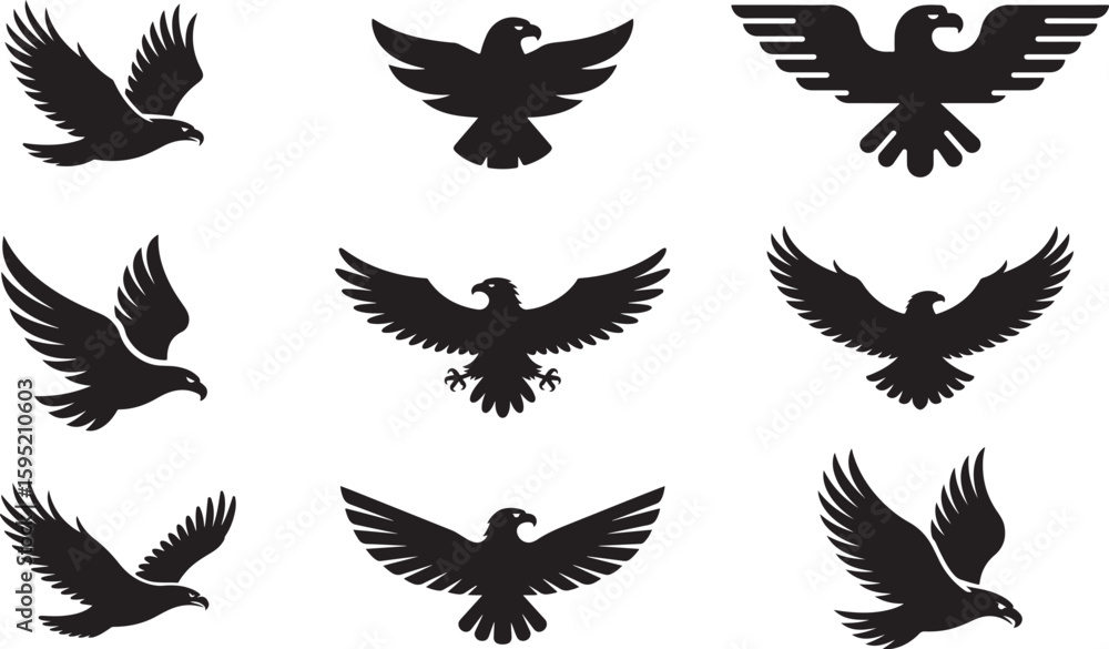 Obraz premium eagle silhouette vector icon set, eagle face icon, set of eagle vector illustration, symbol of freedom eagle, flying of eagle.